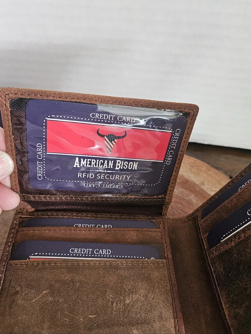 Genuine Cow Leather Bifold Wallet RFID Blocking Brown Embossed Eagle Head